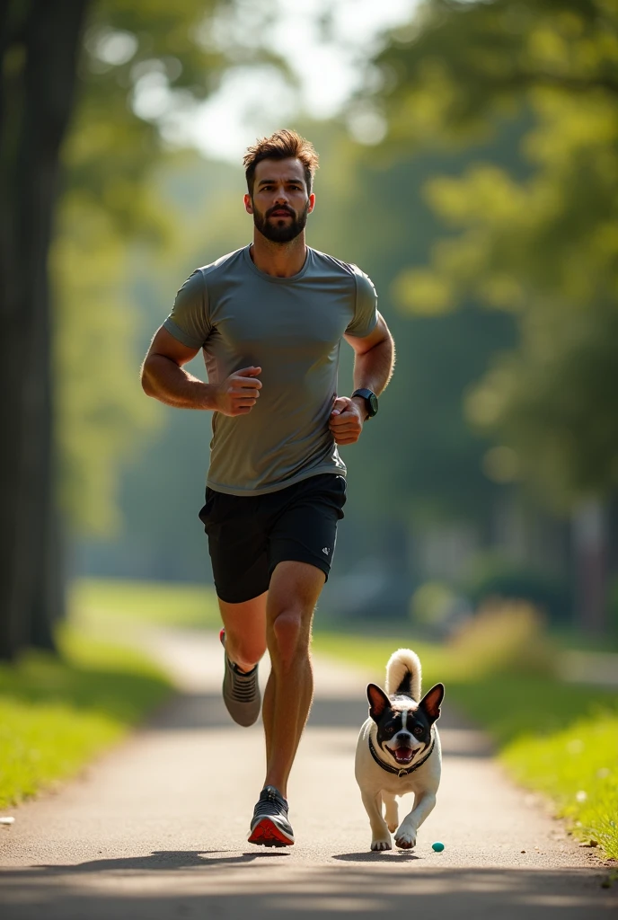 A man jogging and a little dog barking at him