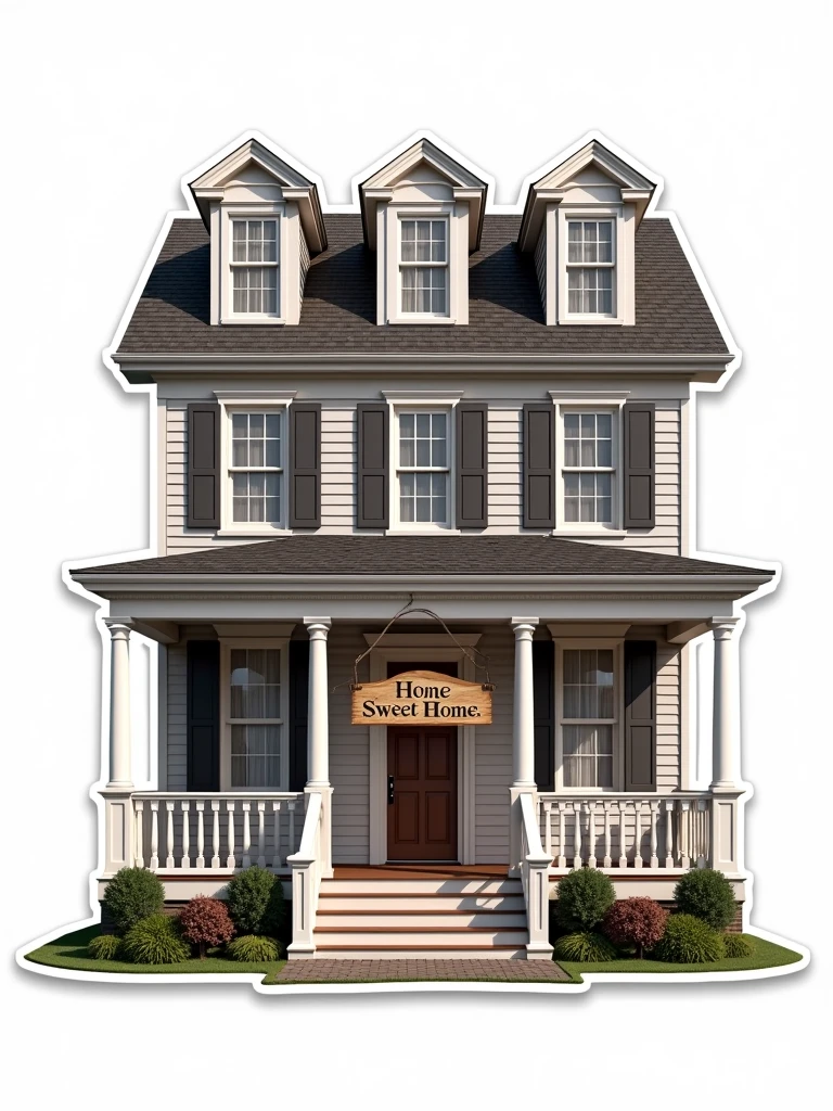 Create a logo with a classic colonial architecture style. In the center, feature a lilac and brown house with a sign that reads 'Home Sweet Home'. The design should be highly detailed and reflect traditional colonial architecture. Use a plain white background with no additional elements, and ensure the house is perfectly cut out for use as a product label, conveying a 'colonial architecture' vibe."