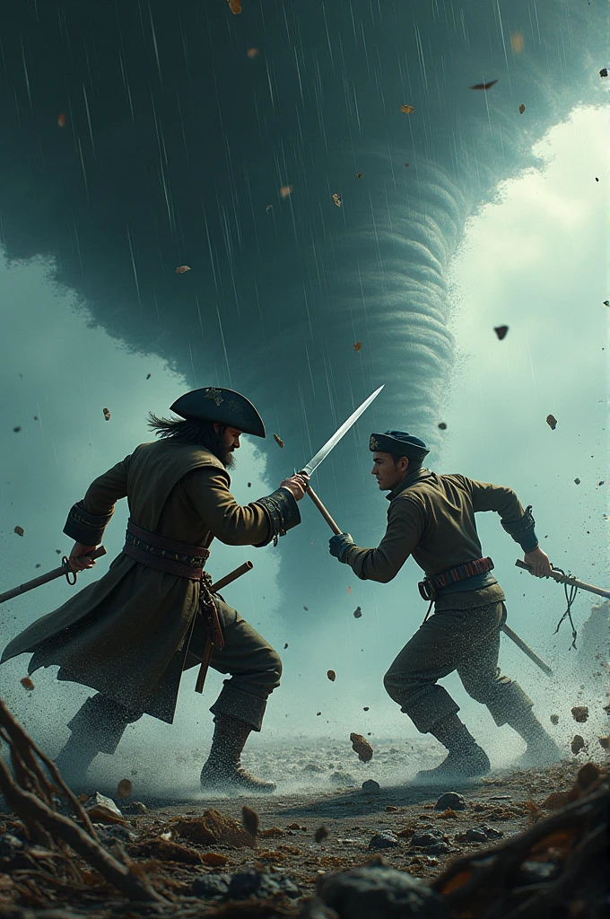 A pirate fighting a sailor in a tornado