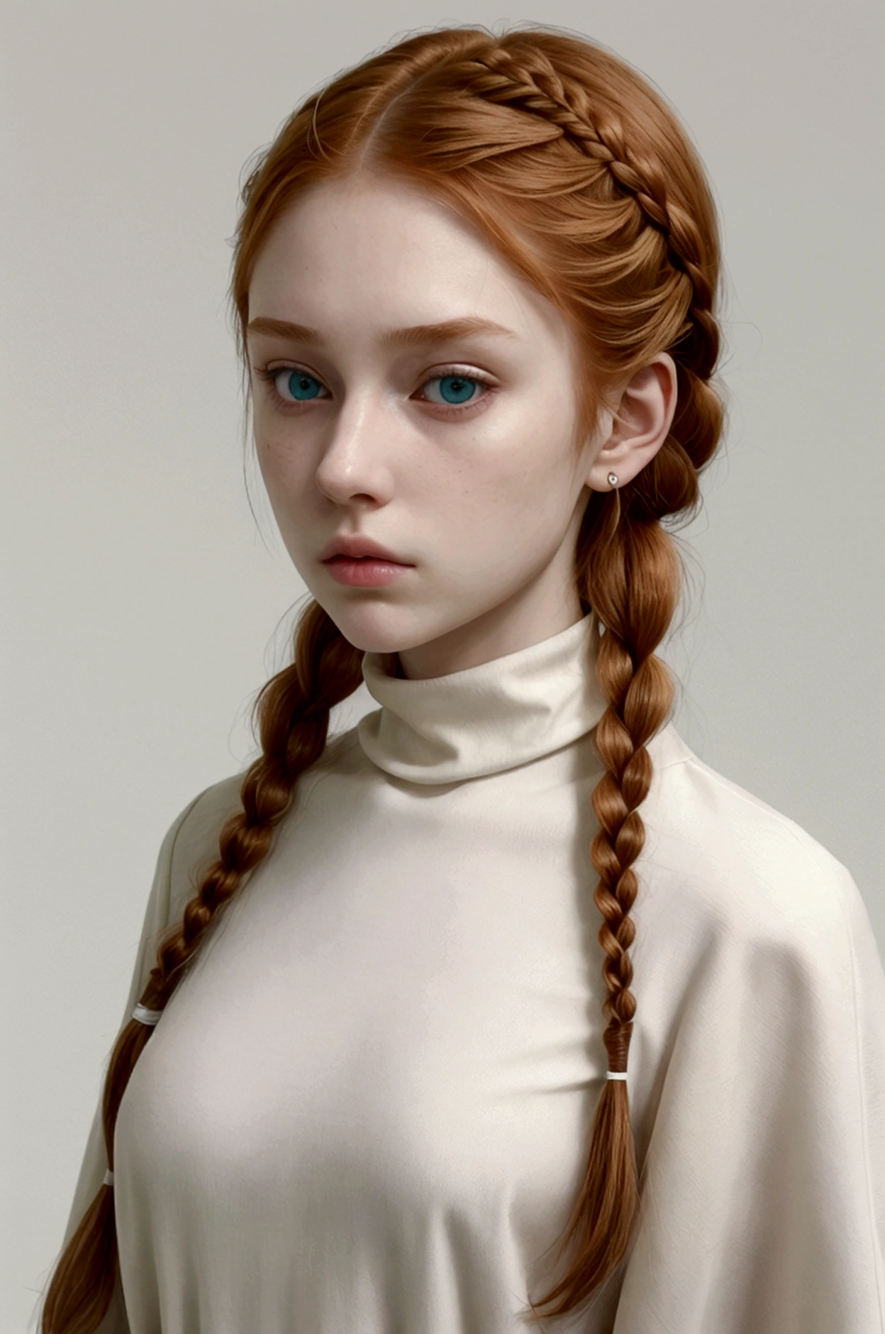 A girl, pale skin, freakles, long two French braids on both side, ginger hair, green eyes, black turtle neck shirt, normal fit body, earpuds, serious stern face.