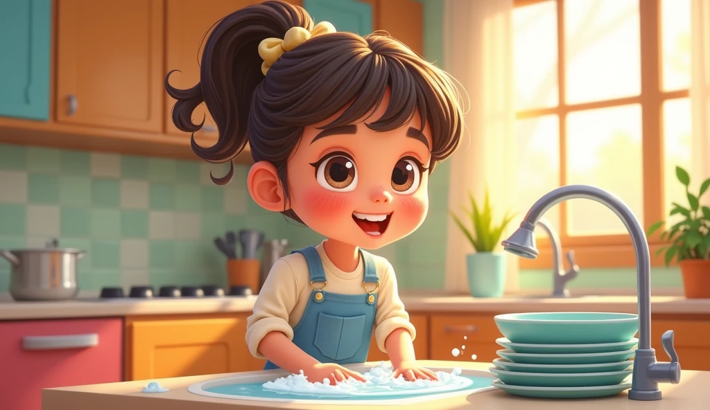 Cartoon girl washing dishes
