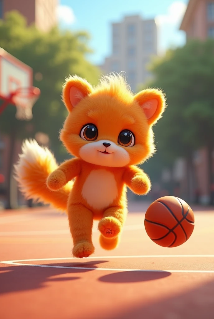 A fluffy furry is playing basketball on the court.