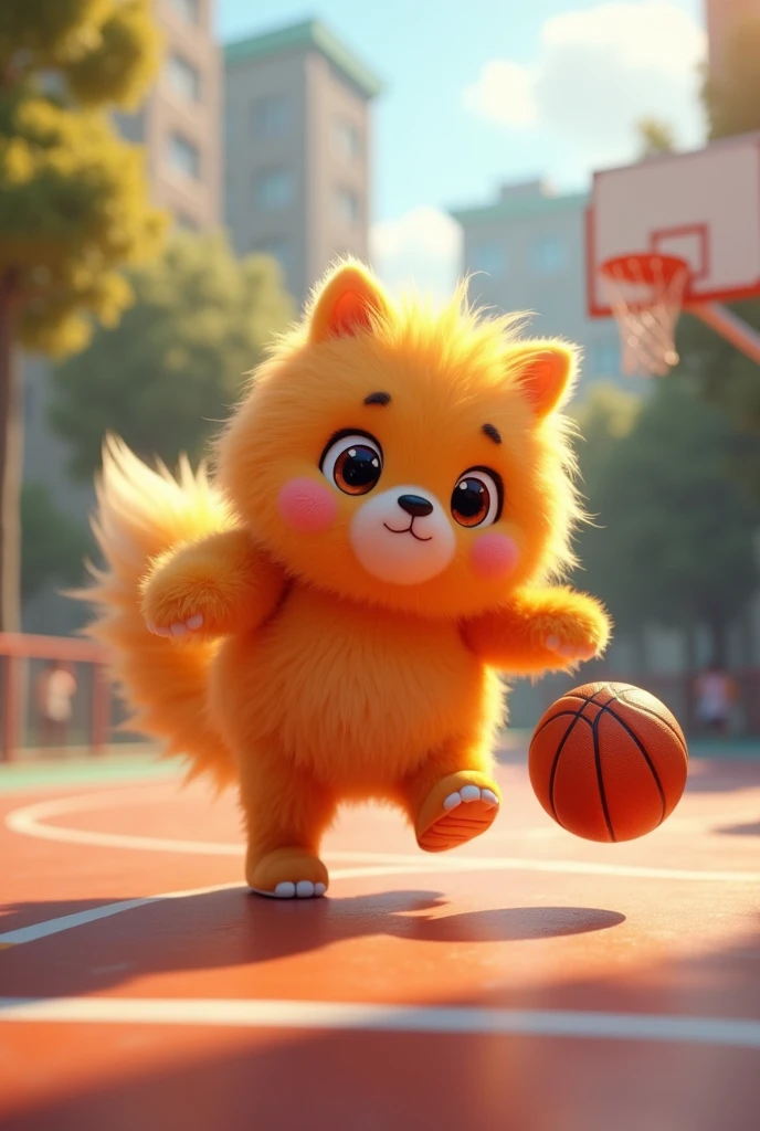 A fluffy furry is playing basketball on the court.