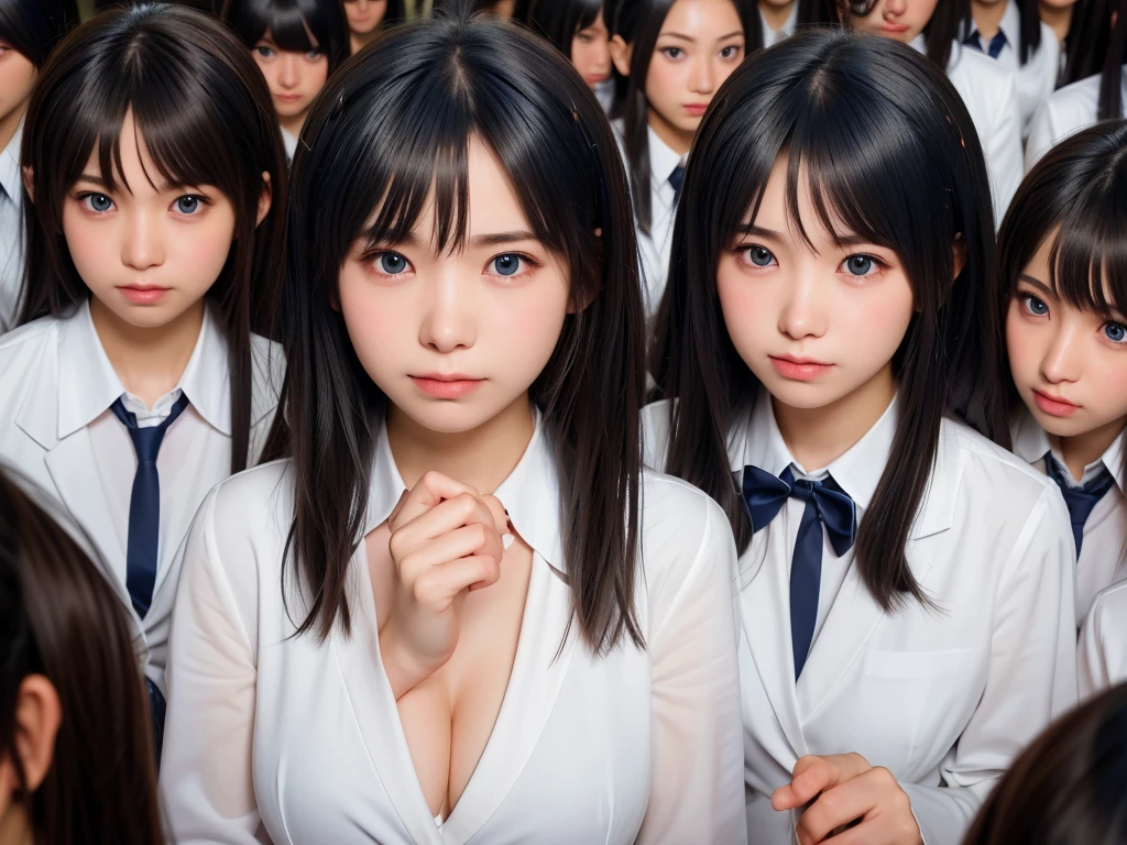 ((Highest quality, Ultra-high resolution, Realistic, RAW Photos, 8k, Real photograph:1.6)), ((日本人high school girl, )) , Beautiful detailed, Beautiful Face, cute, (((smile))), Japanese beautiful skin, Black Hair, Semi-long hair, (((Summer Girls' School Uniform))), White shirt, Blue check mini skirt, (((Big Breasts, Full cleavage:1.5))), Super Real, Soft Light, (((high school girl, Very detailed, 6+girls: 1.99))), (((high school girl, Very detailed, perfect identical faces, perfect identical body shapes: 1.99))), ((100人のhigh school girl: 1.6)), (((high school girlのみ))), ((100人high school girlの囲み)), Full body photo, Wide-angle field of view, congestion, Intensive, (((high and wide view))), city park, 1,000 people