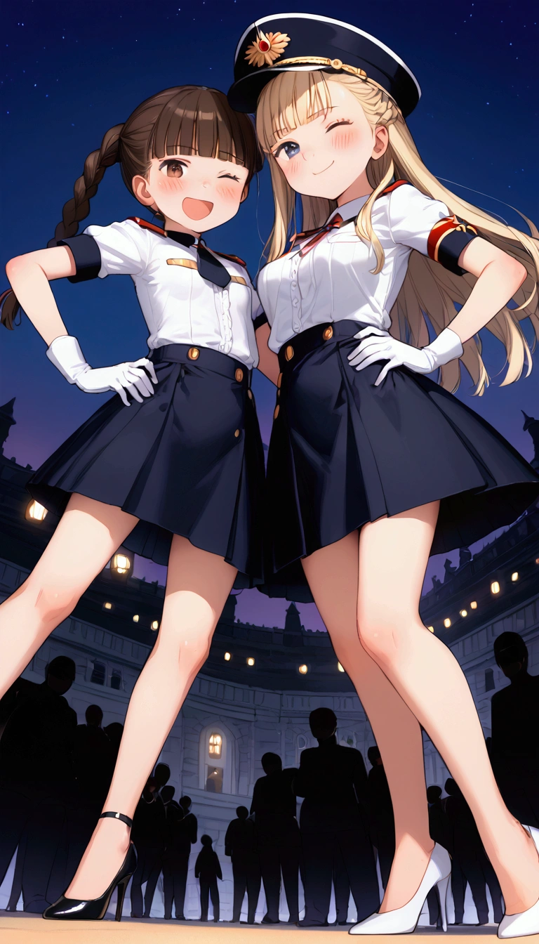 {Highest quality}, {Super beautiful},{Ultra fine},{Best illustration},Brown Hair,Hime cut,Braid,long hair,ponytail,One woman,Standing Woman,Strike a pose,Adult women,smug face,Excited face,Wink,Uniform cap,White shirt,Short sleeve,Black long skirt,White gloves,Black stiletto heels,Night Park,crowd,Blushing,Slender,From an angle,Spread your legs,Put one hand on your hip