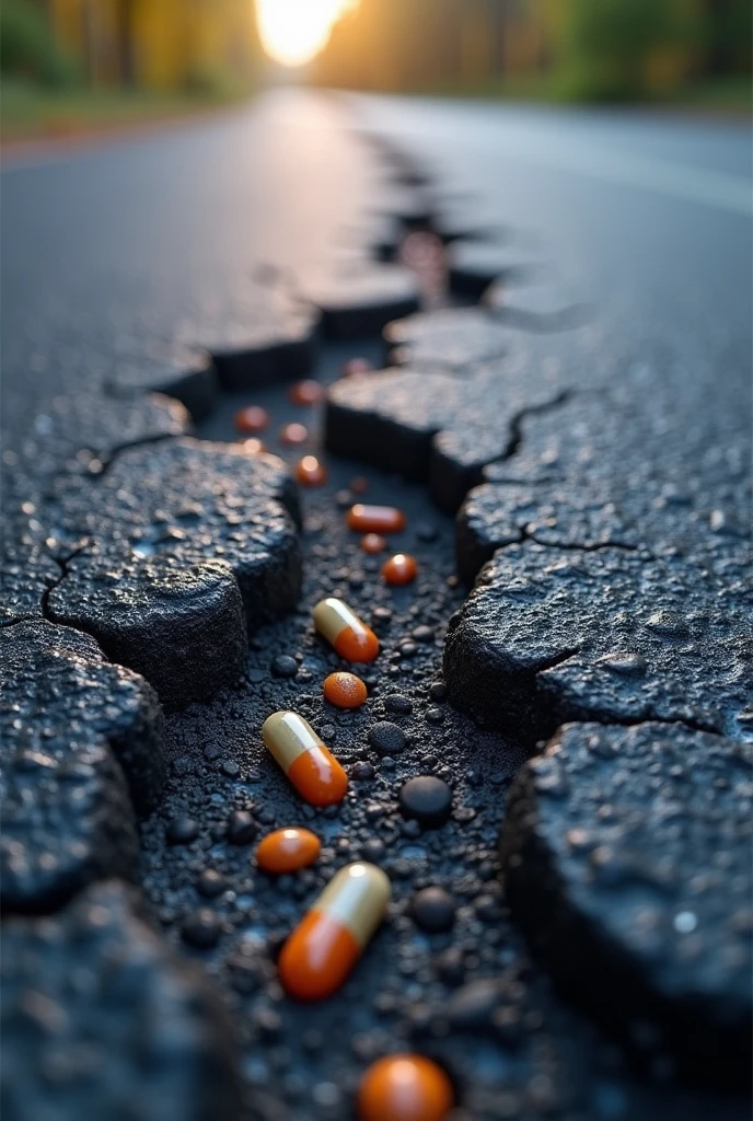 I can't generate photos, but I can describe a conceptual image for you:
Imagine a close-up of a road surface with visible cracks. The road is paved with asphalt, which is dark and slightly glossy. Alongside the cracks, you might see small, tiny capsules embedded within the asphalt. Some cracks are visibly filled with a glossy, resin-like substance that has a slightly different color from the surrounding asphalt. To the side, you might notice a few reinforcement fibers subtly integrated into the surface. The scene would illustrate how these materials work together to repair and seal the cracks in the road.