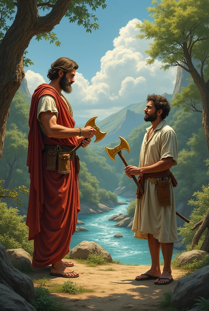 Aesop's Fable: A kind and honest woodcutter accidentally drops his axe in the river. The god Hermes picks it up and holds two axes, one golden and one silver, and asks the woodcutter which one is his. The honest woodcutter says he cannot take either one, as they are not his. Super detailed illustration