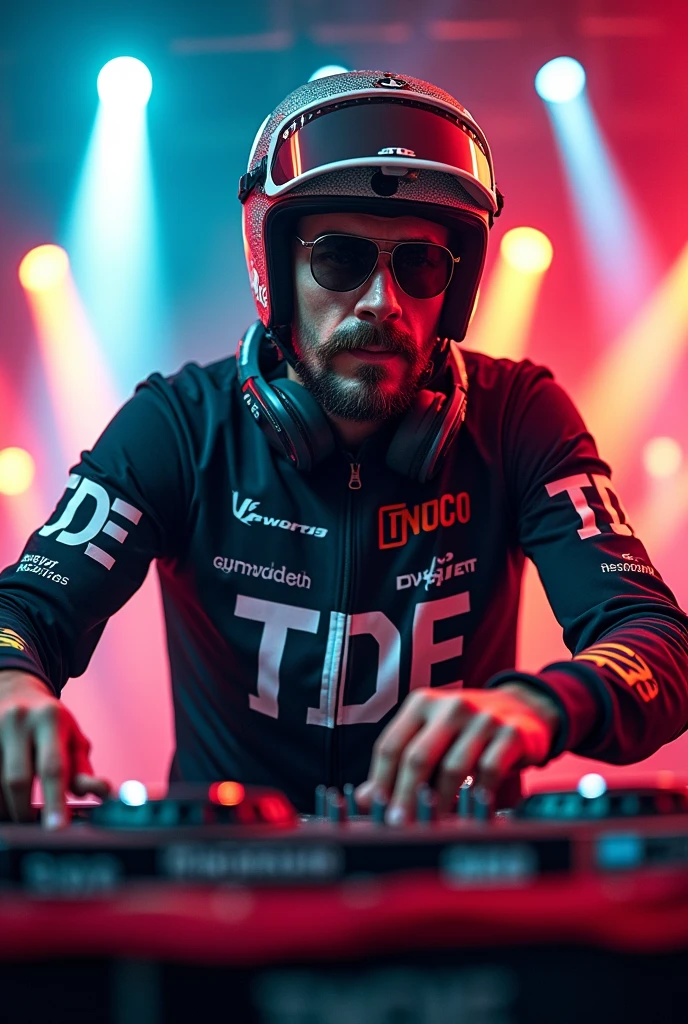 Create a picture with the heading TDE in the picture is a techno DJ with bike clothes, This should be readable, the DJ is a man with sunglasses and racing bike helmet, The DJ should have a mustache., the image is taken slightly sideways in action