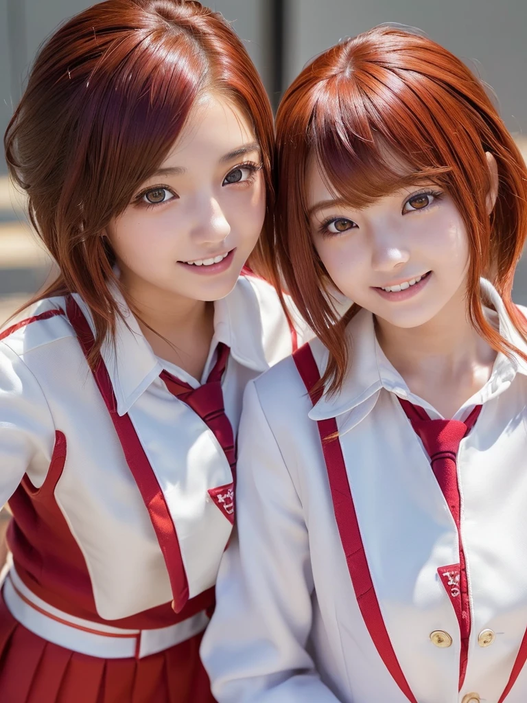 (2 beautiful japanese girls in bright lighting, facelight, photorealistic, adult, cute, sexy, slim, very beautiful detailed eyes, half-lidded eyes, extremely detailed face, (very short fluffy hair:1.0), (red hair color:1.2), clear eyes, (ecstasy, orgasm, erotic:1.2), close-up of face, smiling, (junior highschool uniform:1.5))