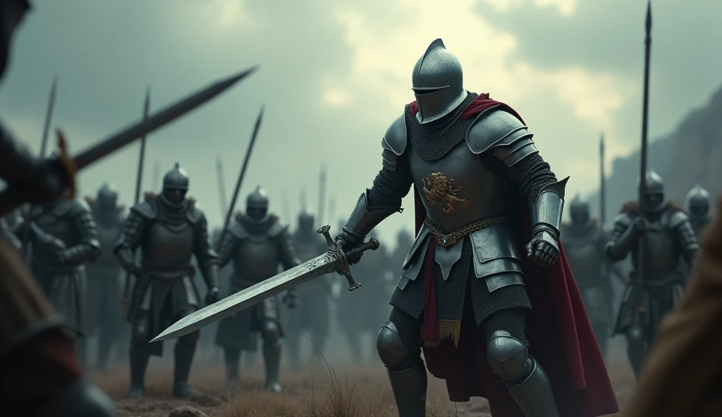 A highly realistic, high-contrast, 8K HD, detailed, hyper-detailed image of a lone knight fighting against multiple enemies, giving everything he has for the honor of his kingdom. The knight, clad in steel armor with a lion emblem on his chest, is surrounded by foes on all sides, yet he stands resolute, wielding his sword with fierce determination. The dramatic landscape around him is filled with rugged terrain and ominous skies, heightening the intensity of the battle. The atmosphere is tense and heroic, capturing the knight's courage and unyielding spirit as he fights against overwhelming odds. The image is of the highest quality, with ultra-high resolution, RAW photo quality, and Unreal Engine rendering, portraying the lone knight's valor and the epic nature of his struggle.