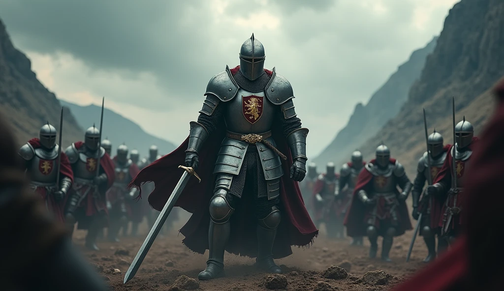 A highly realistic, high-contrast, 8K HD, detailed, hyper-detailed image of a lone knight fighting against multiple enemies, giving everything he has for the honor of his kingdom. The knight, clad in steel armor with a lion emblem on his chest, is surrounded by foes on all sides, yet he stands resolute, wielding his sword with fierce determination. The dramatic landscape around him is filled with rugged terrain and ominous skies, heightening the intensity of the battle. The atmosphere is tense and heroic, capturing the knight's courage and unyielding spirit as he fights against overwhelming odds. The image is of the highest quality, with ultra-high resolution, RAW photo quality, and Unreal Engine rendering, portraying the lone knight's valor and the epic nature of his struggle.