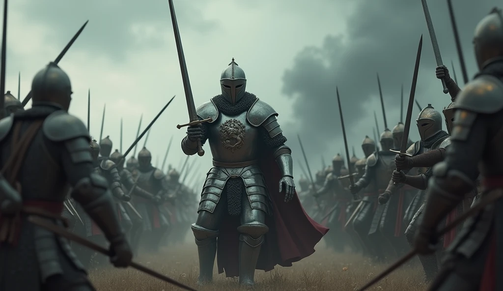 A highly realistic, high-contrast, 8K HD, detailed, hyper-detailed image of a lone knight fighting against multiple enemies, giving everything he has for the honor of his kingdom. The knight, clad in steel armor with a lion emblem on his chest, is surrounded by foes on all sides, yet he stands resolute, wielding his sword with fierce determination. The dramatic landscape around him is filled with rugged terrain and ominous skies, heightening the intensity of the battle. The atmosphere is tense and heroic, capturing the knight's courage and unyielding spirit as he fights against overwhelming odds. The image is of the highest quality, with ultra-high resolution, RAW photo quality, and Unreal Engine rendering, portraying the lone knight's valor and the epic nature of his struggle.
