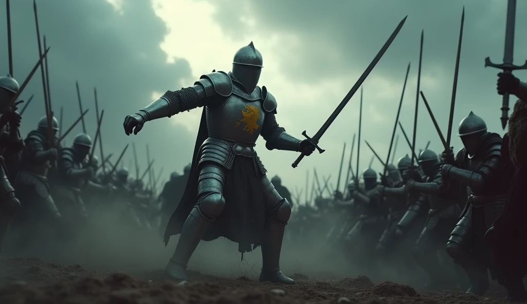 A highly realistic, high-contrast, 8K HD, detailed, hyper-detailed image of a lone knight fighting against multiple enemies, giving everything he has for the honor of his kingdom. The knight, clad in steel armor with a lion emblem on his chest, is surrounded by foes on all sides, yet he stands resolute, wielding his sword with fierce determination. The dramatic landscape around him is filled with rugged terrain and ominous skies, heightening the intensity of the battle. The atmosphere is tense and heroic, capturing the knight's courage and unyielding spirit as he fights against overwhelming odds. The image is of the highest quality, with ultra-high resolution, RAW photo quality, and Unreal Engine rendering, portraying the lone knight's valor and the epic nature of his struggle.