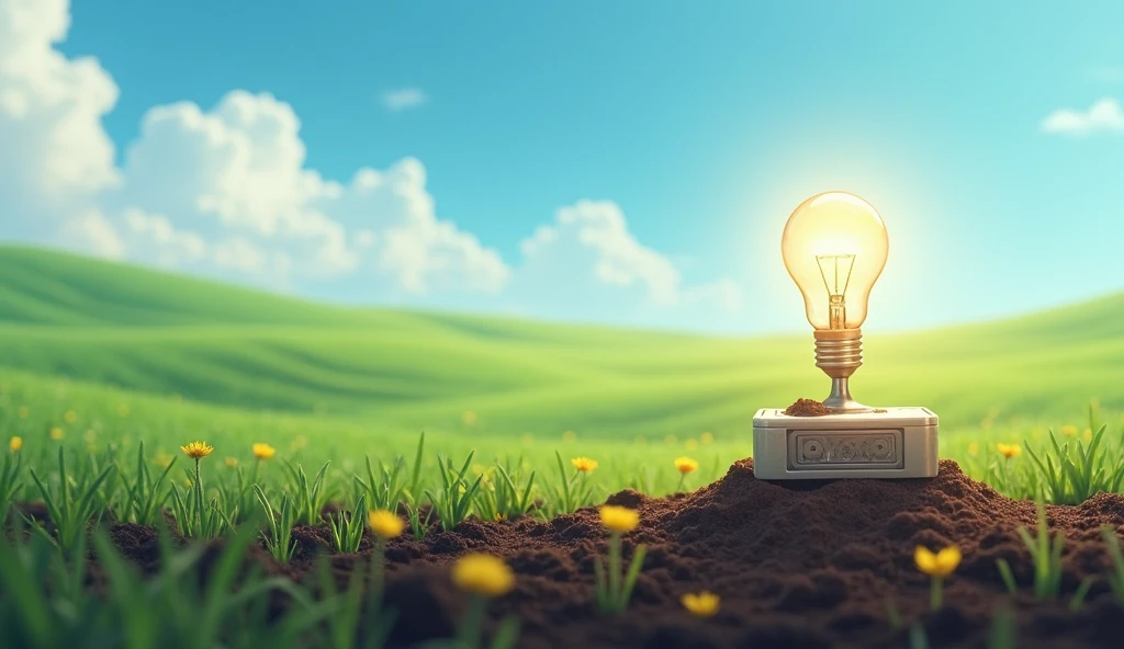 and depict the scene of generating electricity from soil in an innovative way with a single light bulb.(Small),。The scene should be in a field.。Please draw the background area larger using