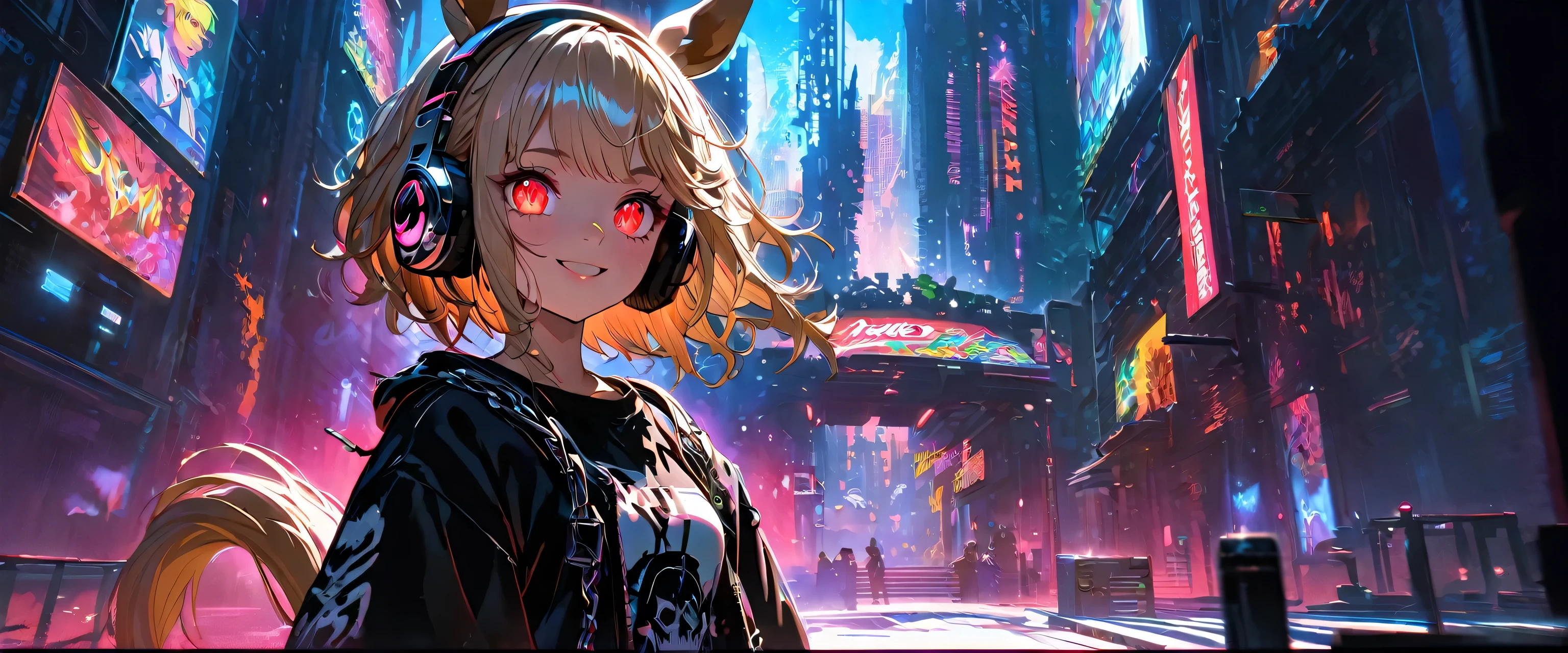 1 girl, chromatic aberration, Written boundary depth, Soft Light, masterpiece, Highest quality, complicated, Tone Mapping, Very detailed, Art Station, Concept Art, Smooth, Clear focus, Dramatic lighting, Very detailed artwork, movie, super practical painting, Art Station's trending, 8k, Incredible Shadows, practical, (Very detailed background:1.0), whole body, View, Viewers, Very detailed portrait of one girl 1, standing on street corner, Heavy rain and lightning、Dark Sky, neon and cyber punk background, she is dressed in punk clothing with silver chains and silver spikes, Her hair was dyed light brown....，The middle part is black, She is wearing headphones, Detailed red eyes with clear pupils, Ominous aura of light, smile, punk, ciber punk, Backlight.Has horse ears、There is a horse tail,Approaching the horse.No headphones needed、More Horses.cute