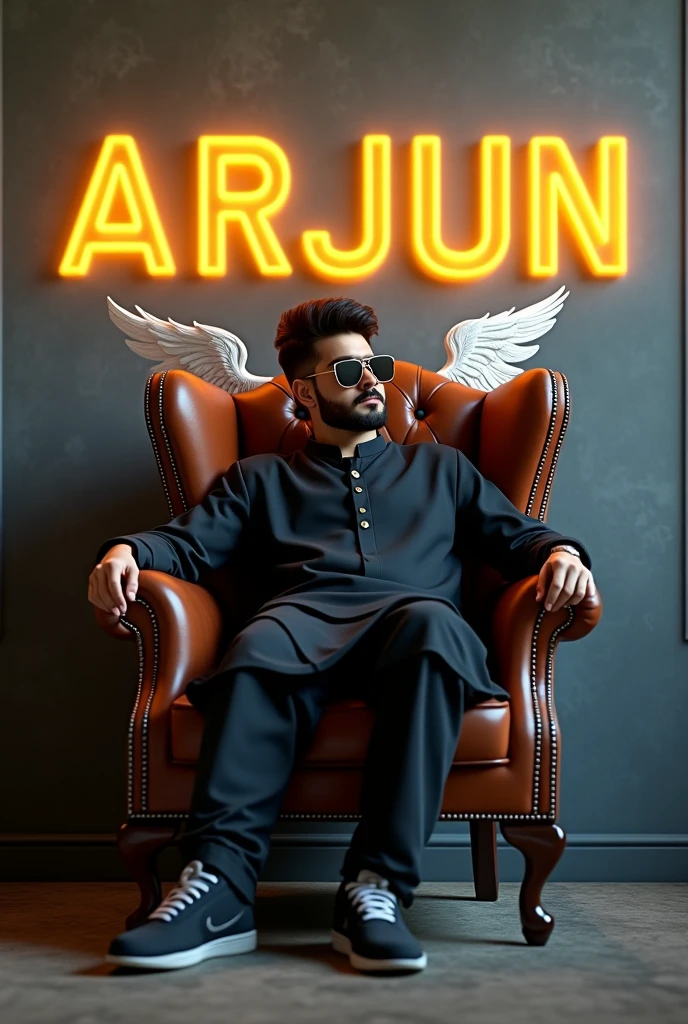 Design a captivating 3D profile picture featuring a young man (around 22 years old) with a cool demeanor. Clad in a trendy black sherwani and matching sneakers, he rests comfortably on a weathered leather wingback chair. A pair of aviator sunglasses add a touch of mystery as he directs his gaze forward. The backdrop showcases his name, "ARJUN," in a glowing neon yellow script against a textured, dark gray wall. Hints of white suggest the presence of ethereal wings, completing his angelic aura.