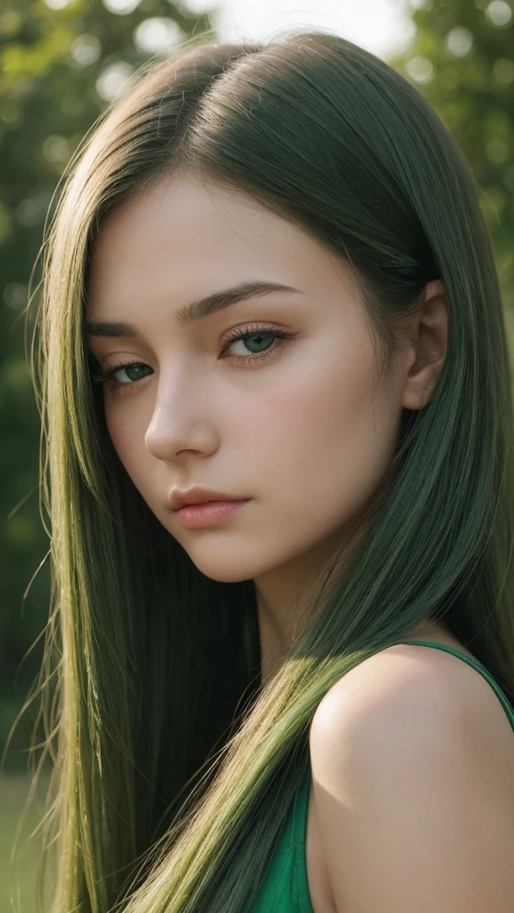 a girl. european. extremely detailed face. oval face. delicate features. long face. gentle features. half-closed eyes. green eyes. sleek long hair. very thick hair. green hair. sad, indifferent expression.