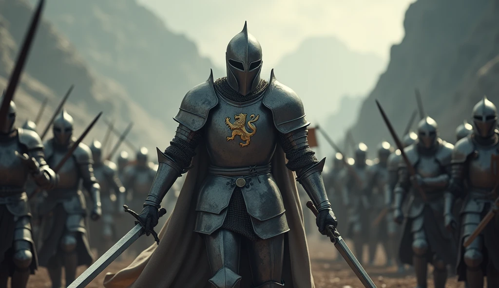 A highly realistic, high-contrast, 8K HD, detailed, hyper-detailed image of a lone knight fighting against multiple enemies, giving everything he has for the honor of his kingdom. The knight, clad in steel armor with a lion emblem on his chest, is surrounded by foes on all sides, yet he stands resolute, wielding his sword with fierce determination. The dramatic landscape around him is filled with rugged terrain and ominous skies, heightening the intensity of the battle. The atmosphere is tense and heroic, capturing the knight's courage and unyielding spirit as he fights against overwhelming odds. The image is of the highest quality, with ultra-high resolution, RAW photo quality, and Unreal Engine rendering, portraying the lone knight's valor and the epic nature of his struggle.
