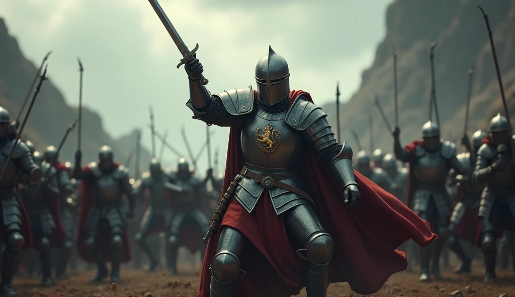 A highly realistic, high-contrast, 8K HD, detailed, hyper-detailed image of a lone knight fighting against multiple enemies, giving everything he has for the honor of his kingdom. The knight, clad in steel armor with a lion emblem on his chest, is surrounded by foes on all sides, yet he stands resolute, wielding his sword with fierce determination. The dramatic landscape around him is filled with rugged terrain and ominous skies, heightening the intensity of the battle. The atmosphere is tense and heroic, capturing the knight's courage and unyielding spirit as he fights against overwhelming odds. The image is of the highest quality, with ultra-high resolution, RAW photo quality, and Unreal Engine rendering, portraying the lone knight's valor and the epic nature of his struggle.
