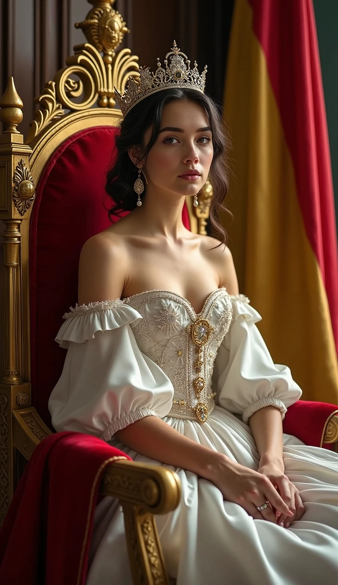 Young and beautiful Belgian Queen。whole body。Sit on a throne、Wearing the crown、Holding a scepter and a jewel。Belgian flag in the background