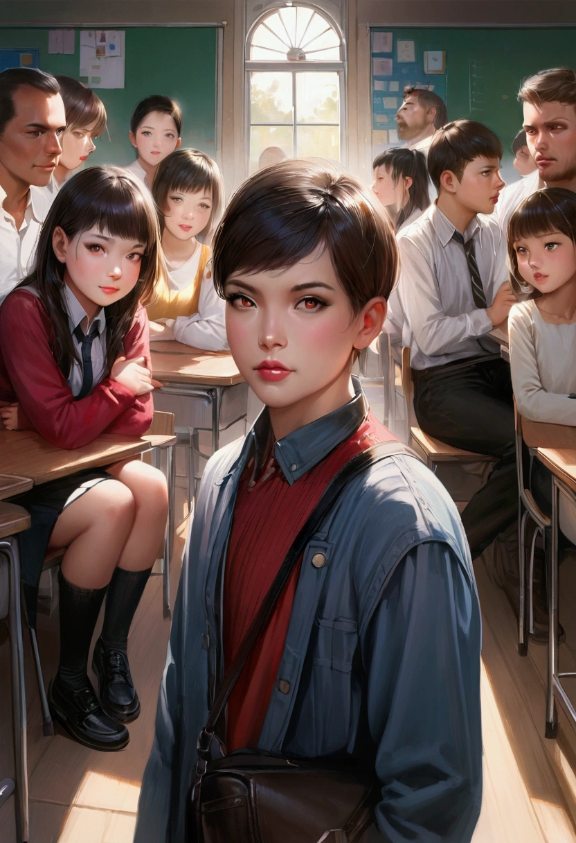 9 boys and 7 girls in a classroom painting, realistic , colourful, detailed