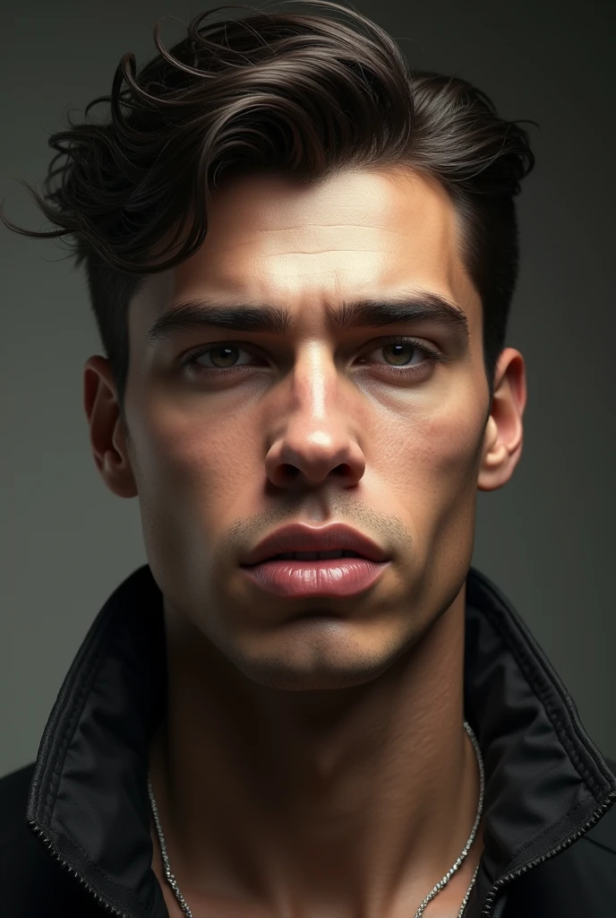 Create a handsome man with short, wavy hair, a nose like a DOWNWARD ARROW, and a very large, thick pout.