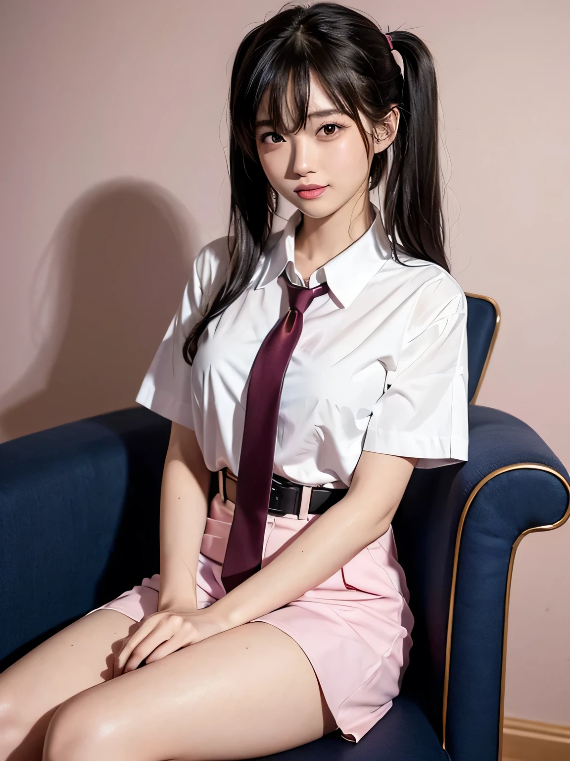(Highest quality、8k、32K、masterpiece、Hmph:1.2)、(masterpiece, Highest quality), Realistic photos, high school girl、very cute、15 years old、Short Twin Tails、sexy、Instagram, Bright colors, High Dynamic Contrast, Slender figure、thin、Small, shapely breasts、One person、Gray Hair、 Purple eyes, Lips parted, blush, compensate, 軽いsmile, Red tie、A thin white short-sleeved shirt that is slightly translucent.、sexy、Navy blue exy、Sweat, Wet, light, Shine, Tight waist, (masterpiece), Pink Wallpaper、Sitting in a chair、I can see your thighs、sexy、smile