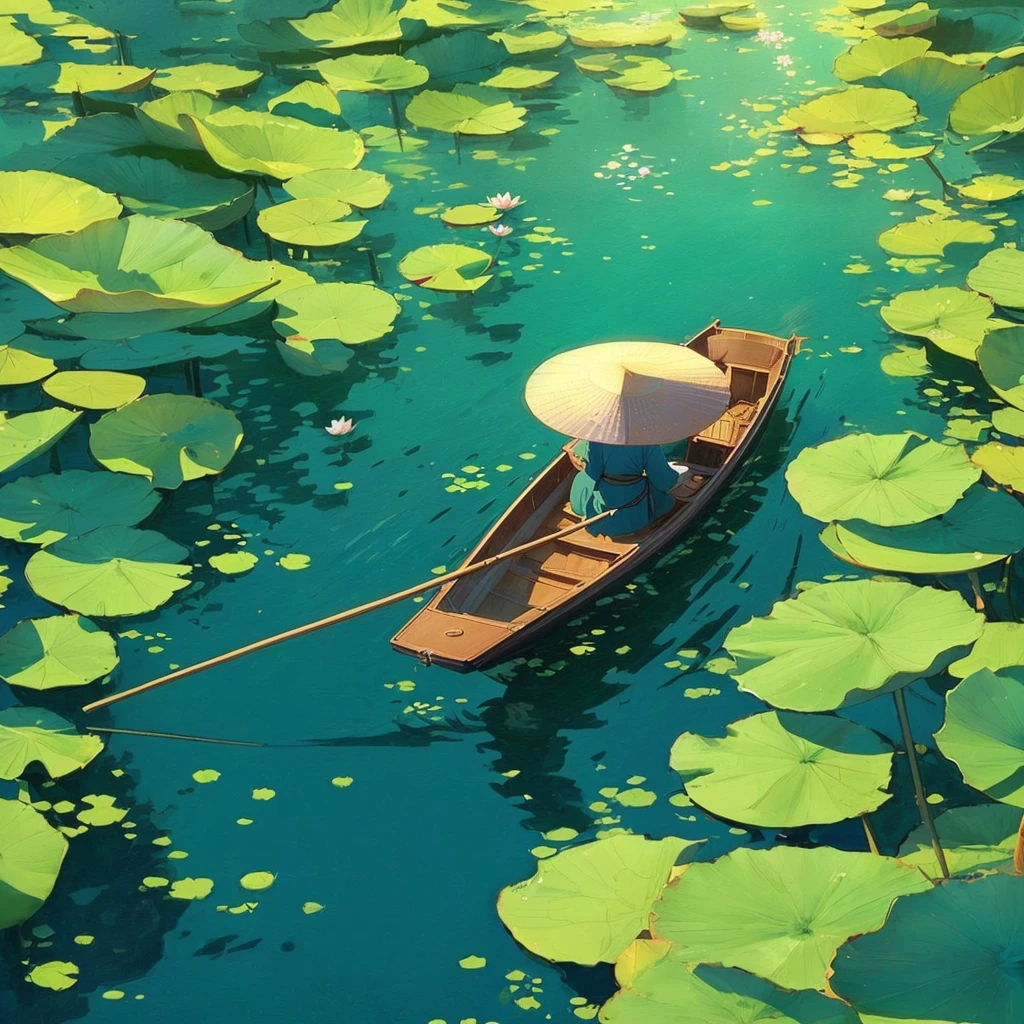 A boat is floating on a lake with water lilies, in which a man sits., praise art, calm illustration, From Atei Gaylan, in the style of Atei Gaylan, praise artstyle, praise, A wonderful illustration for a work of art, chillhop, Makoto Shinkai Cyril Rolando, work in Guweiz style, inspired by Kawase Hasui