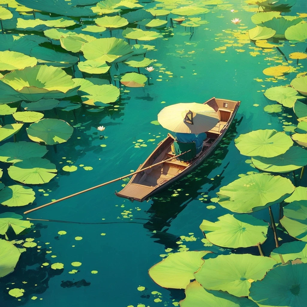 A boat is floating on a lake with water lilies, in which a man sits., praise art, calm illustration, From Atei Gaylan, in the style of Atei Gaylan, praise artstyle, praise, A wonderful illustration for a work of art, chillhop, Makoto Shinkai Cyril Rolando, work in Guweiz style, inspired by Kawase Hasui