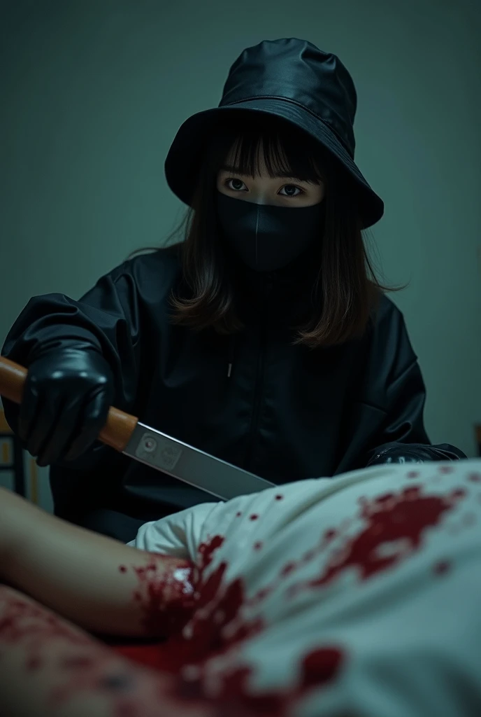 korean girl, (behind corpse, smartphone), black surgical mask, black gloves, room full of blood, black raincoat, bucket hat, holding knife, black gloves, woman on top, looking at viewer, behind corpse, blood splatter, on the bed, night, mass murderer, killer, long bangs, blood splatter, dark atmosphere, cinematic lighting, atmospheric realistic, close-up, take a photo with her smartphone