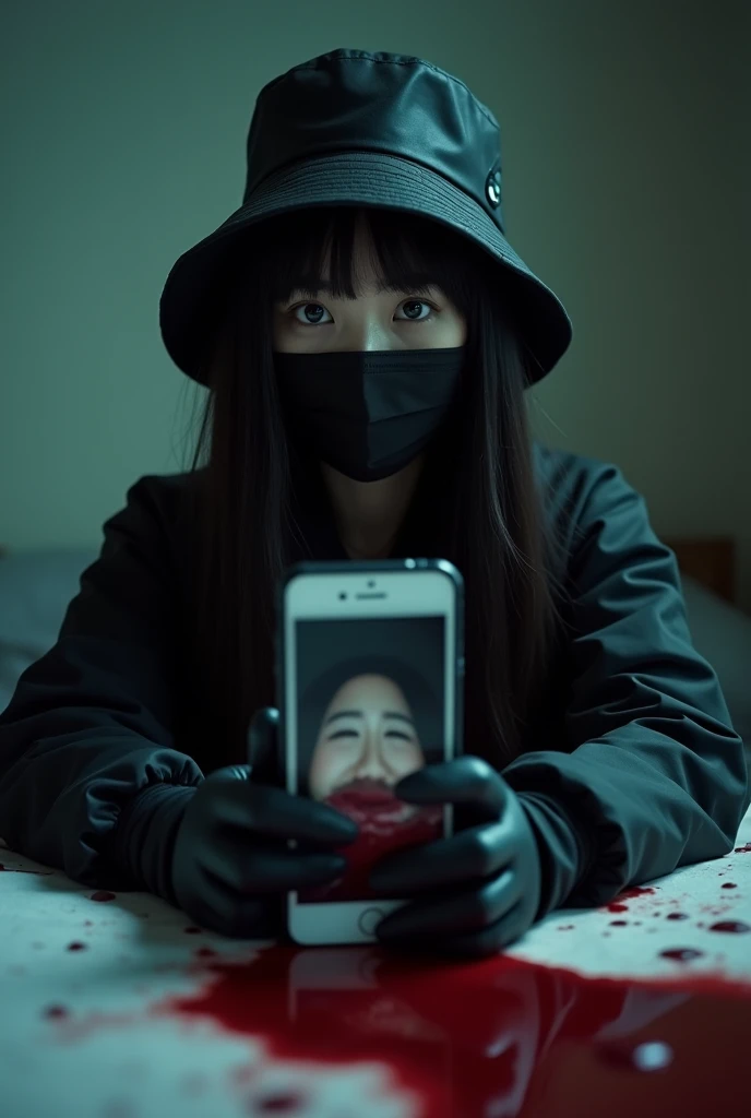 korean girl, (behind corpse, smartphone), black surgical mask, black gloves, room full of blood, black raincoat, bucket hat, holding knife, black gloves, woman on top, looking at viewer, behind corpse, blood splatter, on the bed, night, mass murderer, killer, long bangs, blood splatter, dark atmosphere, cinematic lighting, atmospheric realistic, close-up, take a photo with her smartphone