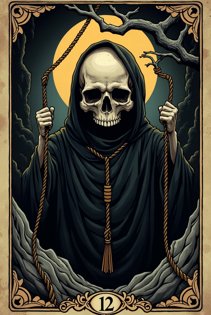 Crias playing card de tarot, skullish, dark, souls, playing card, Number 12, enforcing, rope in the neck, skullish,cavern, hanging on a tree 