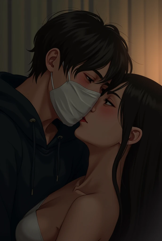 A slightly shorter adult male、Brown hair, short、wearing a white mask。He is a cute man with a gentle face.。Wearing a black hoodie、I'm not wearing anything underneath。Having sex。