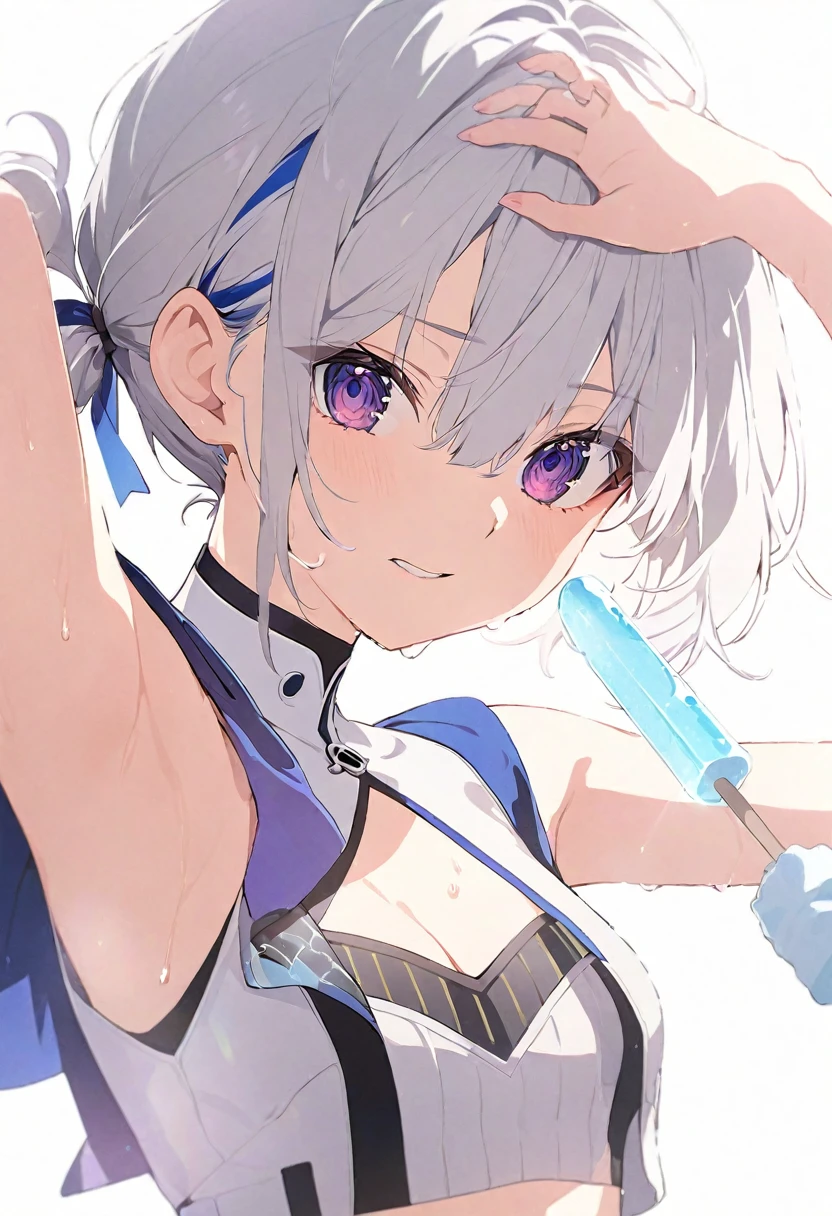 (musterpiece), (best quality), (score_9, score_8_up, score_7_up), official art, absurdres, highres, ultra-detailed, waifu2x, Collection: Slice of Life, very detailed eyes, expressive eyes, perfect face, very detailed face, highly detailed face, beautiful girl, 8K, (white background), dark intense shadow, Ultra-high resolution, Movie Lighting, (Fuji Color: 1.2) portrait, (clear line illustration:1.2), very high resolution, very aesthetic, super detailed skin, Best sexual lighting powered by famous artist, 8k, cute picture, beauty illustration, photoshop_(medium), (Detailed Lighting), best anime 8k wallpaper,
1girl, vtuber style, cool girl, hololive, vtuber, amane kanata, multicolored hair, grey hair, hair between eyes, purple eyes, sharp eyes, short hair, low short ponytail, crop top, Vest, small chest, cleavage, cropped shoulders, Navel-baring abs, sweating, sweat, wet body, wet hair, hot, one arm on forehead, wiping sweat, armpit, one eye close, Biting an ice stick, (upper body),
