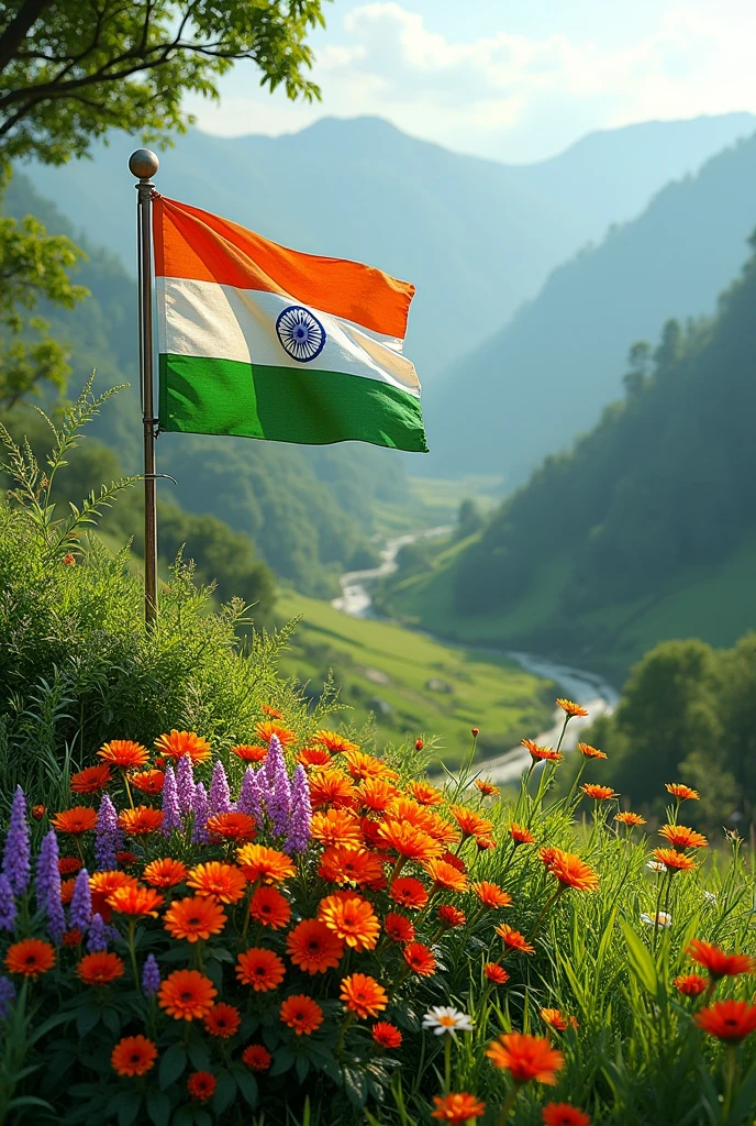 Indian tricolour made with flowers , nature green valley