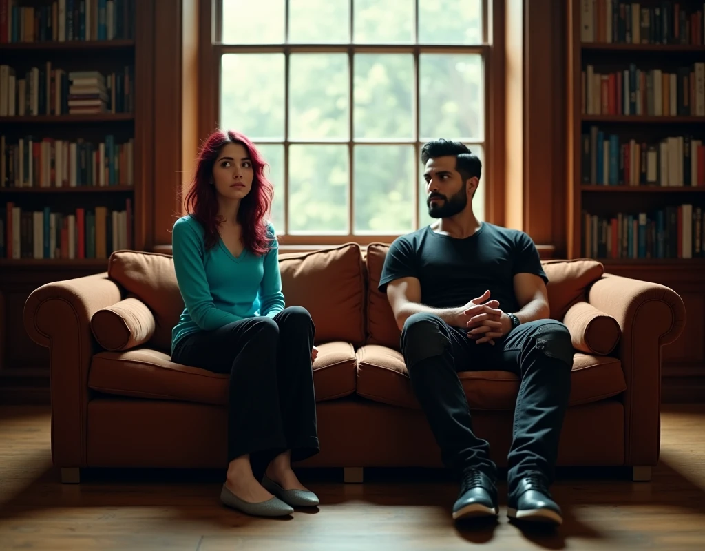 170 cm tall, 24-year-old woman with very pale skin, vibrant maroon wavy medium-length layered hair, parted to the side, fit figure, long turquoise top, black pants and grey flats with a tentative expression sits next to a very tall 209 cm tall, 29-year-old muscular attractive man with black short layered swept back wavy crew cut hair, short black facial hair, shirtless, Mediterranean-Native American features, black t-shirt and black cargo pants kind smile expression, sitting on the other side of comfortable three seat couch nestled underneath a window inside a huge empty dark wood library. Photorealistic, cinematic.