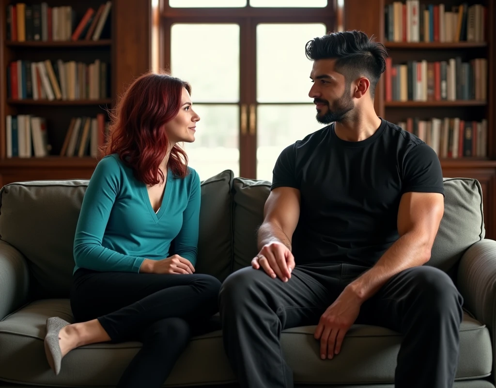 170 cm tall, 24-year-old woman with very pale skin, vibrant maroon wavy medium-length layered hair, parted to the side, fit figure, long turquoise top, black pants and grey flats with a tentative expression sits next to a very tall 209 cm tall, 29-year-old muscular attractive man with black short layered swept back wavy crew cut hair, short black facial hair, shirtless, Mediterranean-Native American features, black t-shirt and black cargo pants kind smile expression, sitting on the other side of comfortable three seat couch nestled underneath a window inside a huge empty dark wood library. Photorealistic, cinematic.