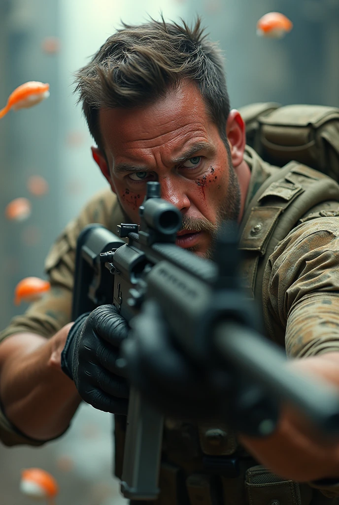 Navy SEAL Chris Pratt, crying as he fights flying sushi, is wearing an LBT6094 while firing an HK416D. The situation is hopeless, tragic, and absurd.