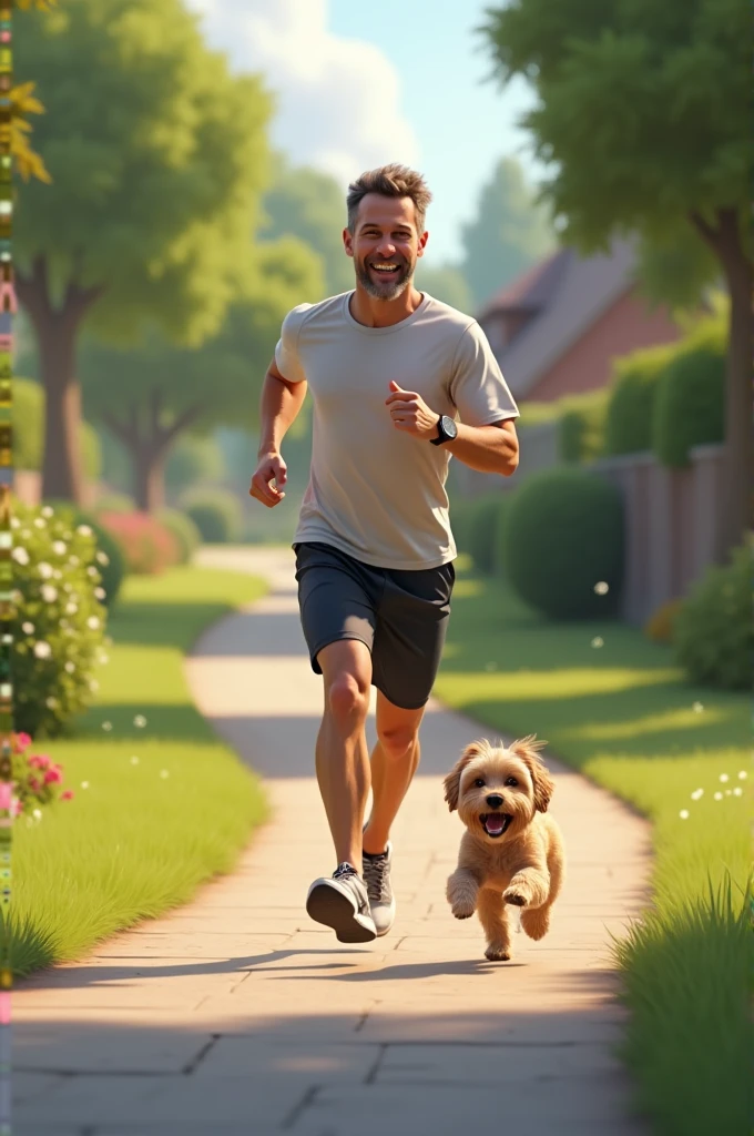 Man jogging and a little dog barking at him