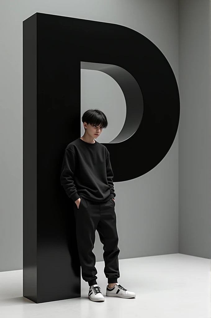 A 17 year old boy with dark hair, dressed in a casual outfit including a black sweatshirt, jogger pants, and sneakers. The person is leaning against a large black glossy letter 'P, which is Black with white accents. The overall color scheme is minimalistic, focusing on shades of black and grey. The scene has a modern and clean aesthetic, with soft darks and subtle shadows.