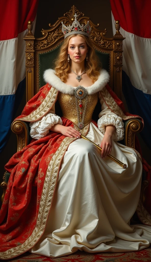 young and beautiful Dutch queen。whole body。Sit on a throne、Wearing the crown、Holding a scepter and a jewel。Dutch flag in the background