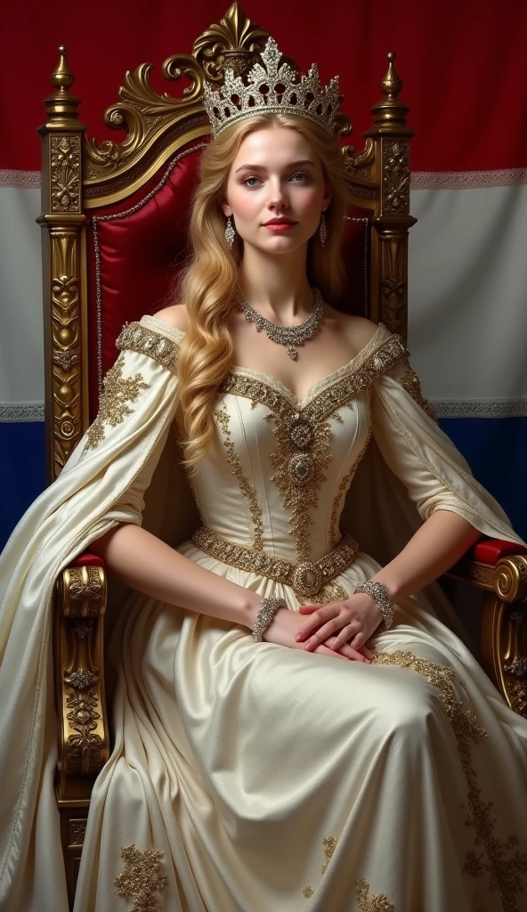 young and beautiful Dutch queen。whole body。Sit on a throne、Wearing the crown、Holding a scepter and a jewel。Dutch flag in the background