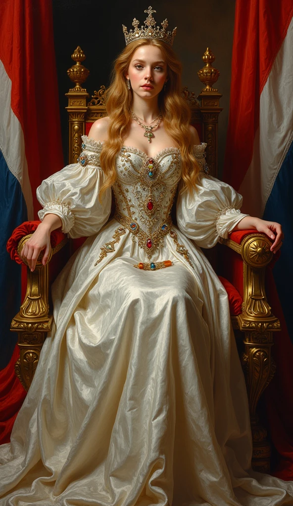 young and beautiful Dutch queen。whole body。Sit on a throne、Wearing the crown、Holding a scepter and a jewel。Dutch flag in the background