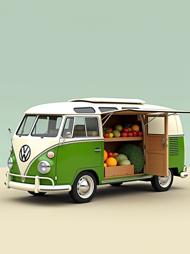 a classic Volkswagen Type 2 van, VW Bus. The van should have its side and rear doors open, displaying a variety of fresh fruit and vegetables. The vehicle should be painted the lower half green and the upper half white. High quality, good definition image, on a flat background