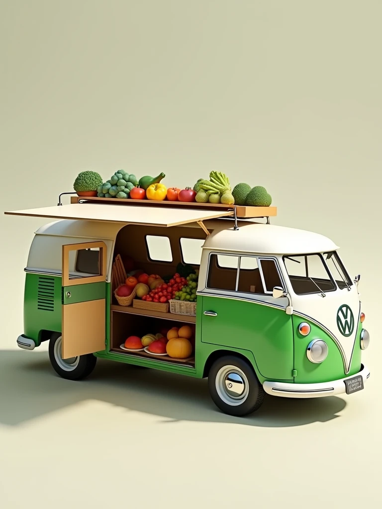 a classic Volkswagen Type 2 van, VW Bus. The van should have its side and rear doors open, displaying a variety of fresh fruit and vegetables. The vehicle should be painted the lower half green and the upper half white. High quality, good definition image, on a flat background
