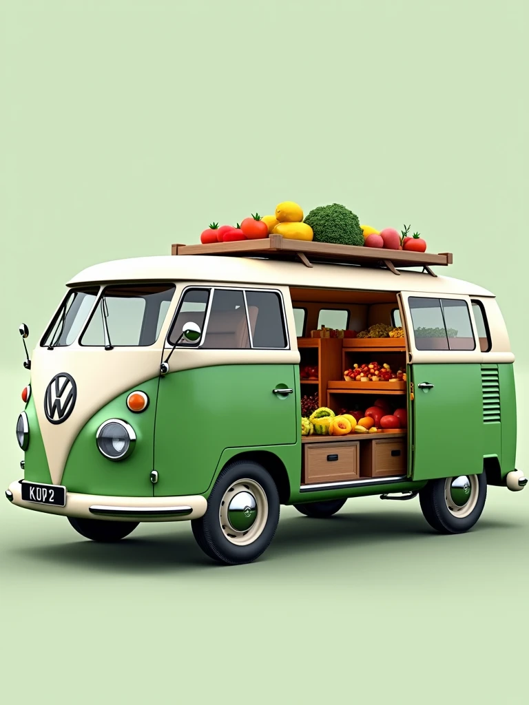 a classic Volkswagen Type 2 van, VW Bus. The van should have its side and rear doors open, displaying a variety of fresh fruit and vegetables. The vehicle should be painted the lower half green and the upper half white. High quality, good definition image, on a flat background