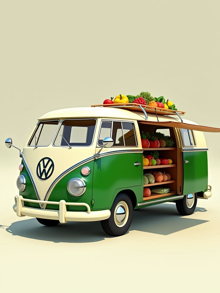 a classic Volkswagen Type 2 van, VW Bus. The van should have its side and rear doors open, displaying a variety of fresh fruit and vegetables. The vehicle should be painted the lower half green and the upper half white. High quality, good definition image, on a flat background