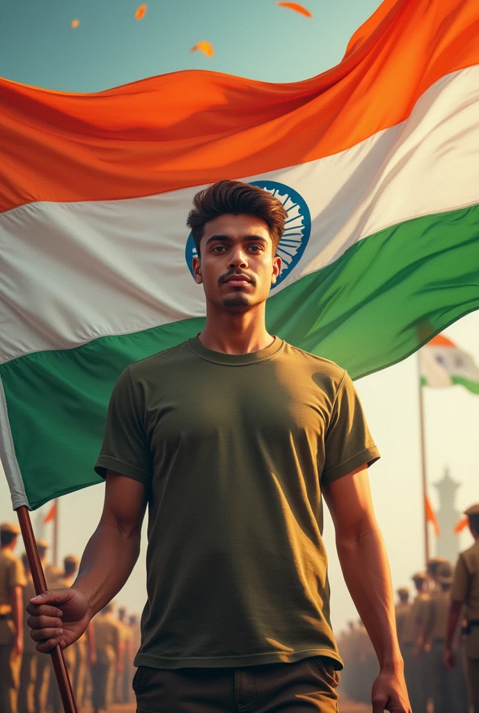 Independence Day 15th August 2024 is written on big flag of Bharat and a 25-year-old boy is standing in front of him wearing Army T-shirt, with name “HARSH” written on t shirt, and holding the bharat flag in his hand, 3D art painting metallic high quality photo.