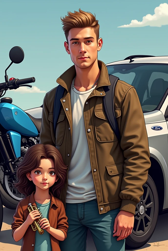 Short-haired man with light eyes, a blue enduro motorcycle a gray ford fiesta car, a trumpet and a daughter with wavy hair