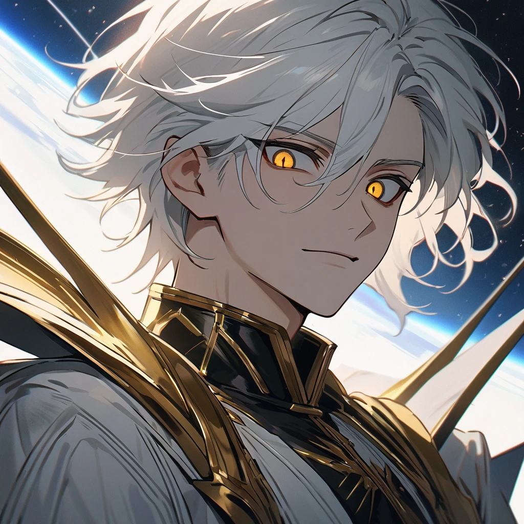 High quality, HD, 4k, no shadows, handsome male, handsome, 1male, 18 years old, 18yo, short white hair, white hair, white hair, white hair, sharp eyes, deep golden colored eyes, dark gold colored eyes, deep gold eyes, gold eyes, devil may cry, close up, calm expression, stoic expression, black leather clothes, white leather clothing, lean body, well trained body, upper body, looking at viewer, cowboy shot, white solar, space background